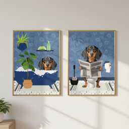 Dachshund Dog Bathroom Prints. One Showing A Dachshund in The Bath & One On Toilet. Funny Pet Prints. Glossy - thumbnail 3