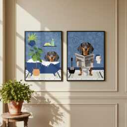 Dachshund Dog Bathroom Prints. One Showing A Dachshund in The Bath & One On Toilet. Funny Pet Prints. Glossy - thumbnail 1