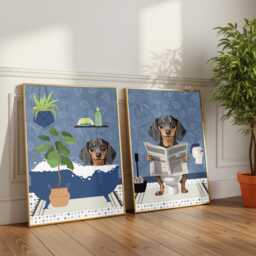 Dachshund Dog Bathroom Prints. One Showing A Dachshund in The Bath & One On Toilet. Funny Pet Prints. Glossy - thumbnail 2