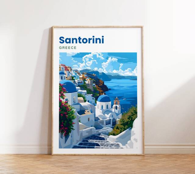 Santorini Travel Print - Poster View Wall Art Greece - image 1