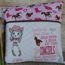 Personalized Cowgirl Reading Book Pillow, Birthday Gift For Girl, Kids Room Decor, Pocket Pillow - thumbnail 1