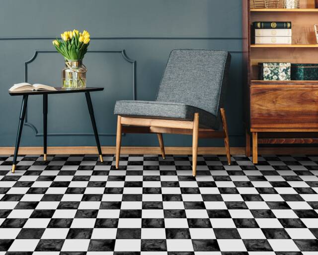 Marble Tiles Contrast Dark Caramic Checked Vinyl Flooring, Black Sheet White Floor Protector, Square Area PVC - image 1
