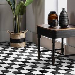 Marble Tiles Contrast Dark Caramic Checked Vinyl Flooring, Black Sheet White Floor Protector, Square Area PVC - thumbnail 3