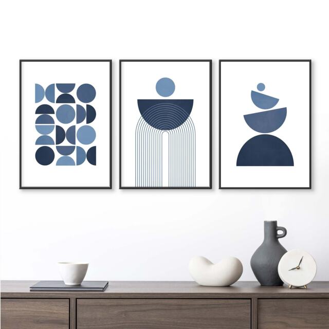 Set Of 3 Wall Art Prints Navy Blue, Geometric Shapes, Mid Century Modern, Living Room Home Decor - image 1