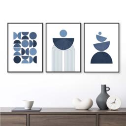 Set Of 3 Wall Art Prints Navy Blue, Geometric Shapes, Mid Century Modern, Living Room Home Decor - thumbnail 1