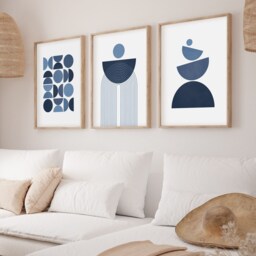 Set Of 3 Wall Art Prints Navy Blue, Geometric Shapes, Mid Century Modern, Living Room Home Decor - thumbnail 2