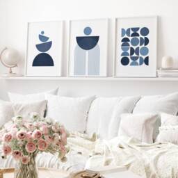Set Of 3 Wall Art Prints Navy Blue, Geometric Shapes, Mid Century Modern, Living Room Home Decor - thumbnail 3