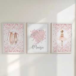 Ballet Personalised Set Of 3 Girls Nursery Prints, Heart Custom Name, Pink Dance Decor Framed Wall Art For Nursery, Bedroom Or Playroom - thumbnail 1