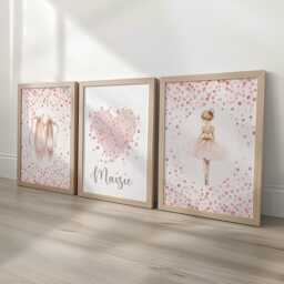Ballet Personalised Set Of 3 Girls Nursery Prints, Heart Custom Name, Pink Dance Decor Framed Wall Art For Nursery, Bedroom Or Playroom - thumbnail 2