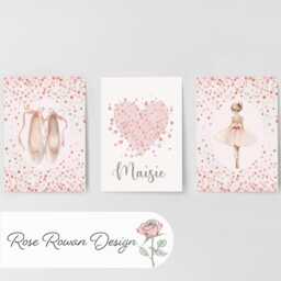 Ballet Personalised Set Of 3 Girls Nursery Prints, Heart Custom Name, Pink Dance Decor Framed Wall Art For Nursery, Bedroom Or Playroom - thumbnail 3