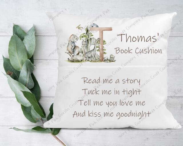 Personalised Cushion, Pocket Child Pillow, Book Holder, Pillow For Child, Sleep Aid, Dinosaur Gift - image 1