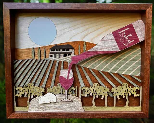Handcrafted Wood Vineyard Scene - Vino Al Fresco Wine Lover Gift & Rustic Wall Art - image 1