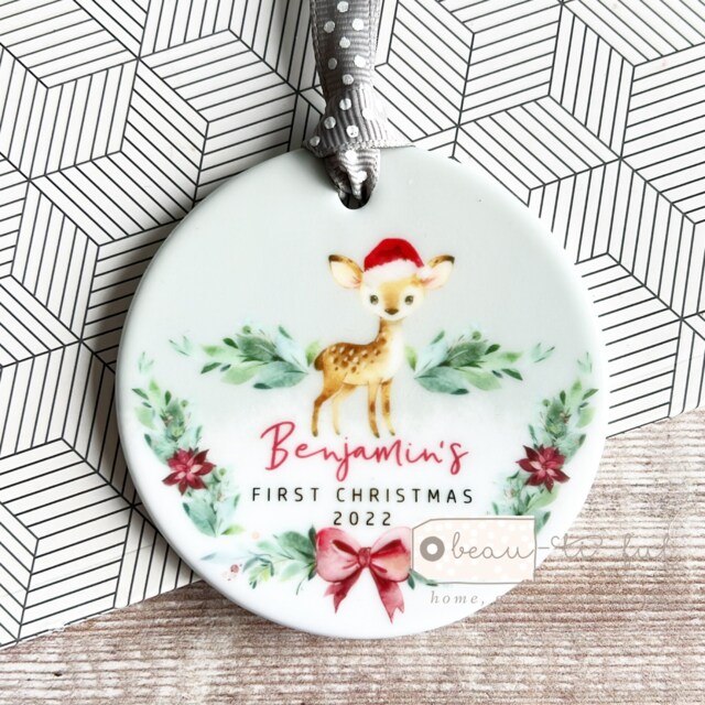 Personalised 1st Christmas Baby Babies Baby's First Woodland Deer Ceramic Or Acrylic Round Ornament Keepsake Boy Gift Child