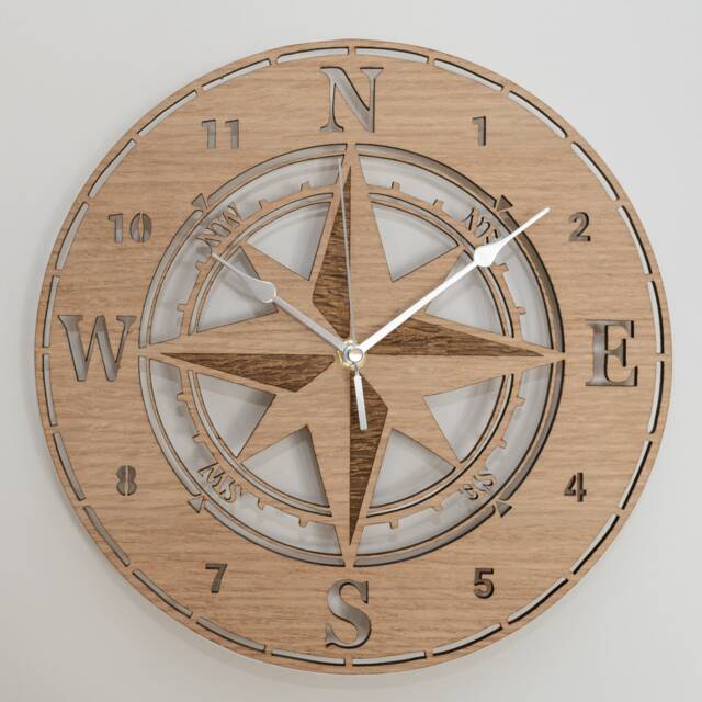 Handmade Wooden Silent Compass Wall Clock Up To 90cm in Oak, Cherry Or Walnut - Silver Gold Hands - image 1
