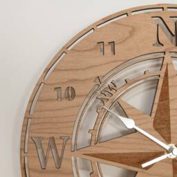 Handmade Wooden Silent Compass Wall Clock Up To 90cm in Oak, Cherry Or Walnut - Silver Gold Hands - thumbnail 4