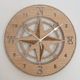Handmade Wooden Silent Compass Wall Clock Up To 90cm in Oak, Cherry Or Walnut - Silver Gold Hands - thumbnail 1