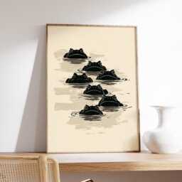 Japanese Frog Pond Poster, Minimalist Animal Art Print, Modern Nature Wall Art, Black & Beige Wildlife Decor, Quirky Contemporary Artwork - thumbnail 2
