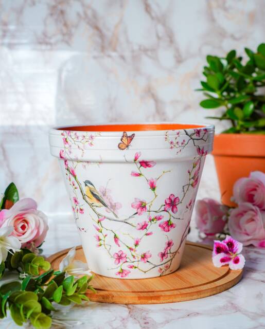 Decoupaged Bird Plant Pot, Hand-Painted Terracotta, Floral Pretty Planter - image 1