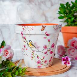 Decoupaged Bird Plant Pot, Hand-Painted Terracotta, Floral Pretty Planter - thumbnail 3