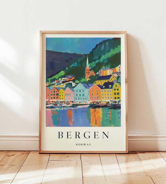 Bergen Norway Travel Poster Scandinavian Fjord City Wall Art - image 1