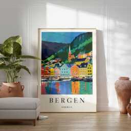 Bergen Norway Travel Poster Scandinavian Fjord City Wall Art - thumbnail 2