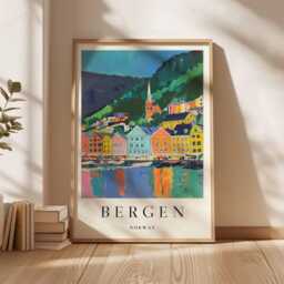 Bergen Norway Travel Poster Scandinavian Fjord City Wall Art - thumbnail 3