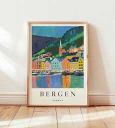 Bergen Norway Travel Poster Scandinavian Fjord City Wall Art - thumbnail 1