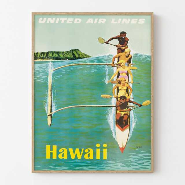 Vintage Hawaii Travel Poster United Air Lines Honolulu Surf Wall Art Print - image 1