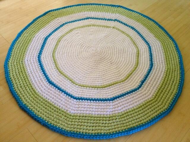 Persephone White, Soft Fern Green, & Aqua Crochet Round Rug