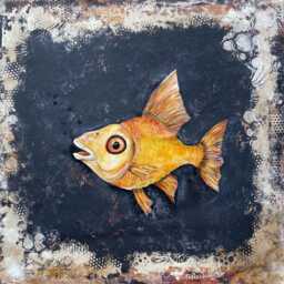 Hand Painted Abstract Fish Art Floor Cloth Wall Tapestry - thumbnail 1