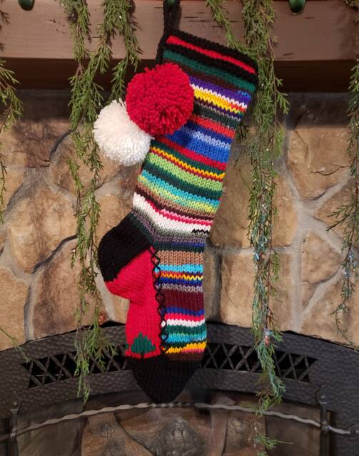 Old Fashioned Hand Knit Christmas Stocking Rag Series Red Foot Fir Tree - image 1