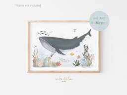 Whale Unframed Print, Under The Ocean Nursery Nautical Nursery, Sea Animals, Scandi Decor, Playroom Prints - thumbnail 1