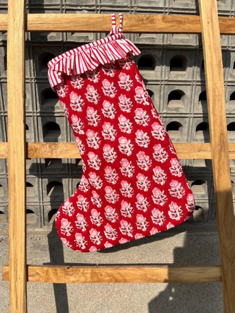 Handmade Quilted Christmas Stocking Red Floral Block Print Cotton - image 1