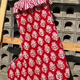 Handmade Quilted Christmas Stocking Red Floral Block Print Cotton - thumbnail 3