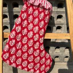 Handmade Quilted Christmas Stocking Red Floral Block Print Cotton - thumbnail 4