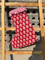 Handmade Quilted Christmas Stocking Red Floral Block Print Cotton