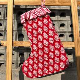 Handmade Quilted Christmas Stocking Red Floral Block Print Cotton - thumbnail 2