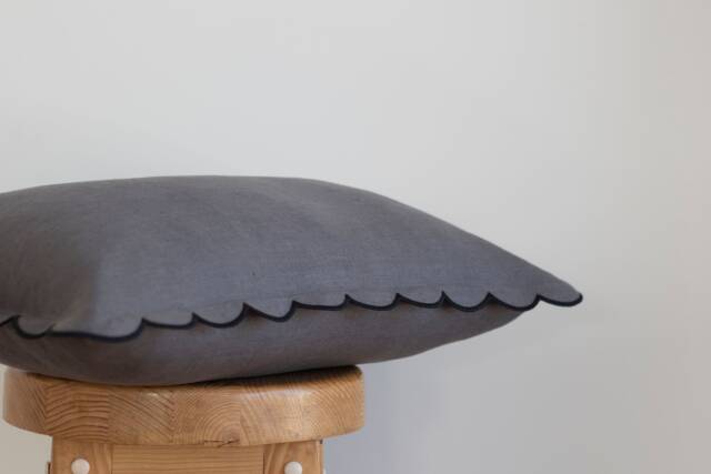 Dark Gray Linen Scalloped Edge Pillow Cover With White Or Black Detailing - image 1