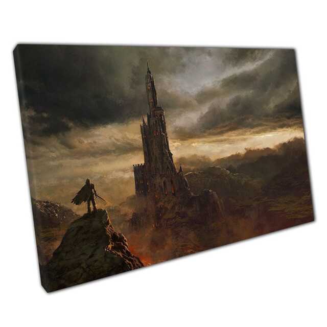 Medieval Knight Castle Wall Art Fiery Landscape Canvas Print For Fantasy Home Decor - image 1