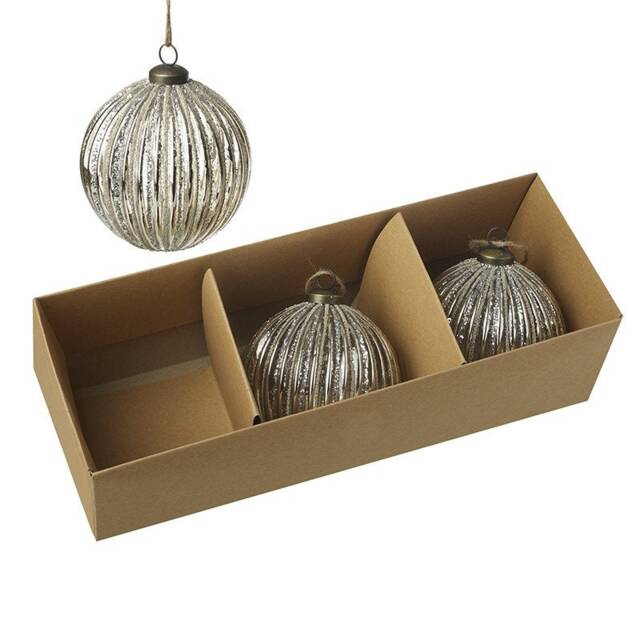 Silver Ridged Glass Bauble Christmas Tree Decorations - Set Of 3 - Ornament Wedding Decor Glitz Glam Glitter Mirror Shimmer Festive Gift
