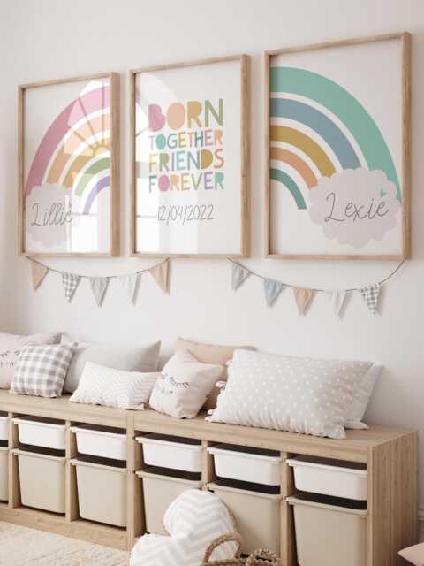 Set Of 3 Twins Bedroom Prints, Sibling Playroom, Brother Sister Wall Art, Pastel Colours, Rainbow Decor, Shared - image 1