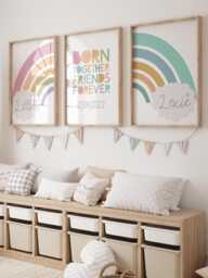 Set Of 3 Twins Bedroom Prints, Sibling Playroom, Brother Sister Wall Art, Pastel Colours, Rainbow Decor, Shared - thumbnail 1