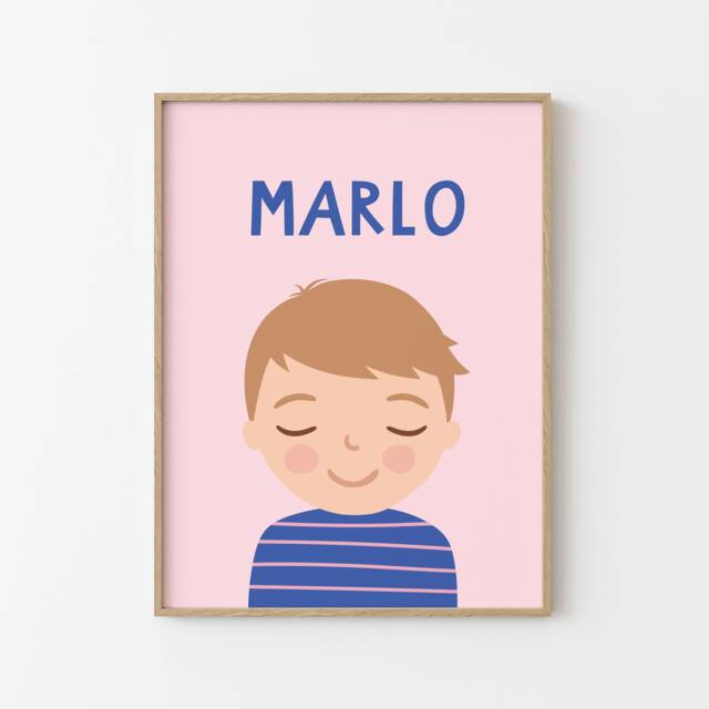 Personalized Portrait Boy With Dark Blonde Hair - Blue Pink Illustration Poster For Kids Wall Decor Children's Room - image 1