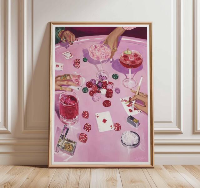 Casino Night Pink Wall Art, Poker Table Poster, Modern Gambling & Cocktail Print - image 1