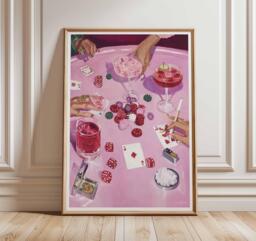 Casino Night Pink Wall Art, Poker Table Poster, Modern Gambling & Cocktail Print - thumbnail 1