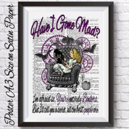 Alice in Wonderland Poster Print Gothic Wall Decor Have I Gone Mad. Antique Dictionary Book Page Background Art Bats Quote Poster - thumbnail 2