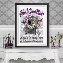 Alice in Wonderland Poster Print Gothic Wall Decor Have I Gone Mad. Antique Dictionary Book Page Background Art Bats Quote Poster