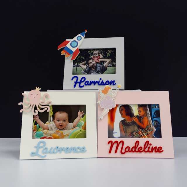 Personalised Child's Photo Frame. Custom Made With A Laser Cut Acrylic Name Along Choice Of Charming Illustrated Out Decoration - image 1