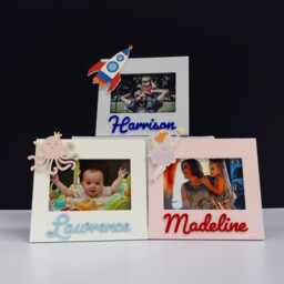 Personalised Child's Photo Frame. Custom Made With A Laser Cut Acrylic Name Along Choice Of Charming Illustrated Out Decoration - thumbnail 1