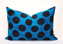 Navy Velvet Ikat Pillow Cover, Polka Dot Cushion - thumbnail 1